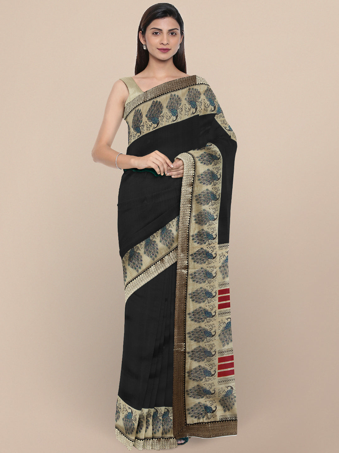 Black Bhagalpuri Printed Peacock motifs Art Silk Saree