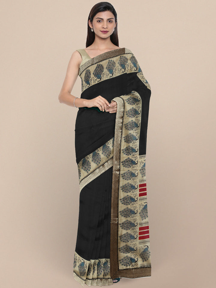 Black Bhagalpuri Printed Peacock motifs Art Silk Saree