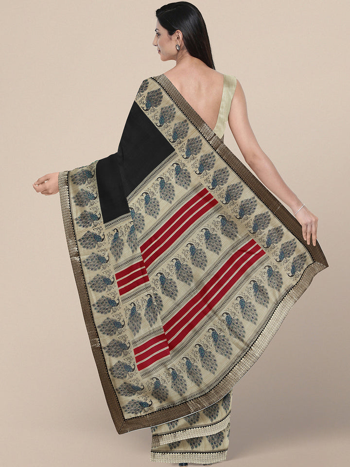 Black Bhagalpuri Printed Peacock motifs Art Silk Saree