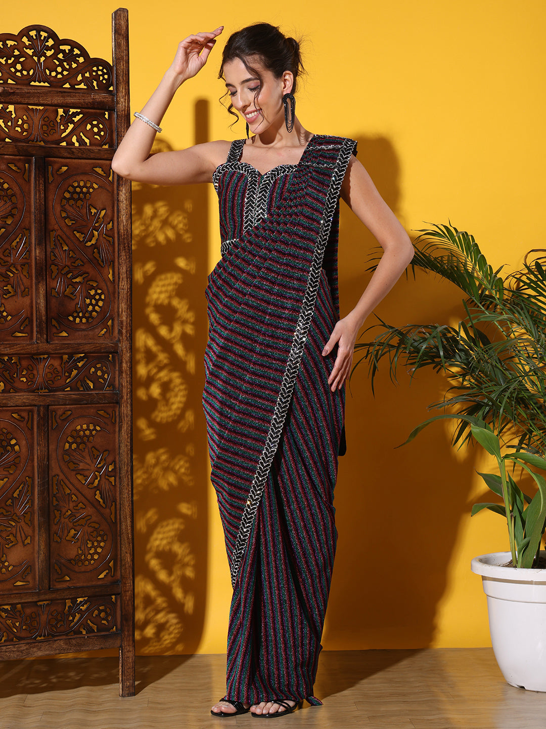 Pre-stitched Light Weight Saree with Leheriya Striped Pattern