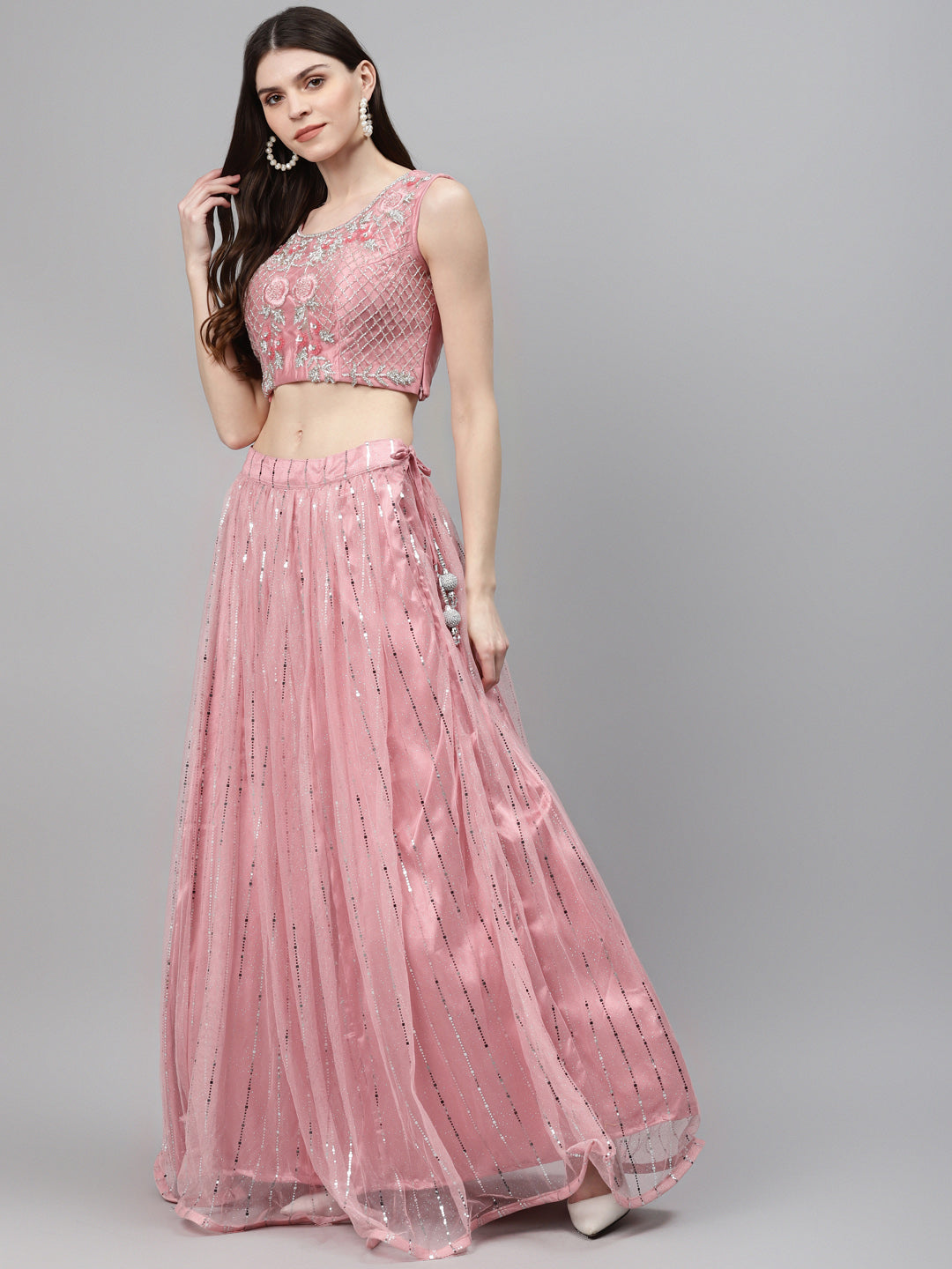 Pastel Pink Mirror Embellished Lehenga Set with Silver Cutdana Embroidery & Net Dupatta