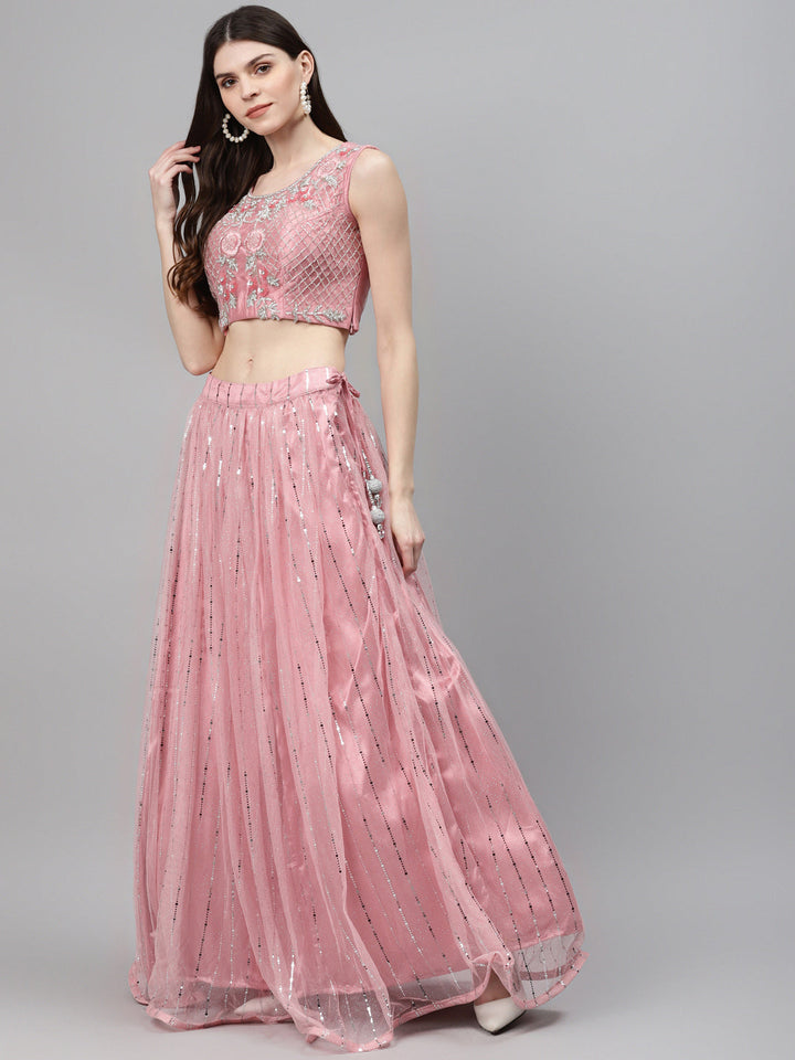 Pastel Pink Mirror Embellished Lehenga Set with Silver Cutdana Embroidery & Net Dupatta