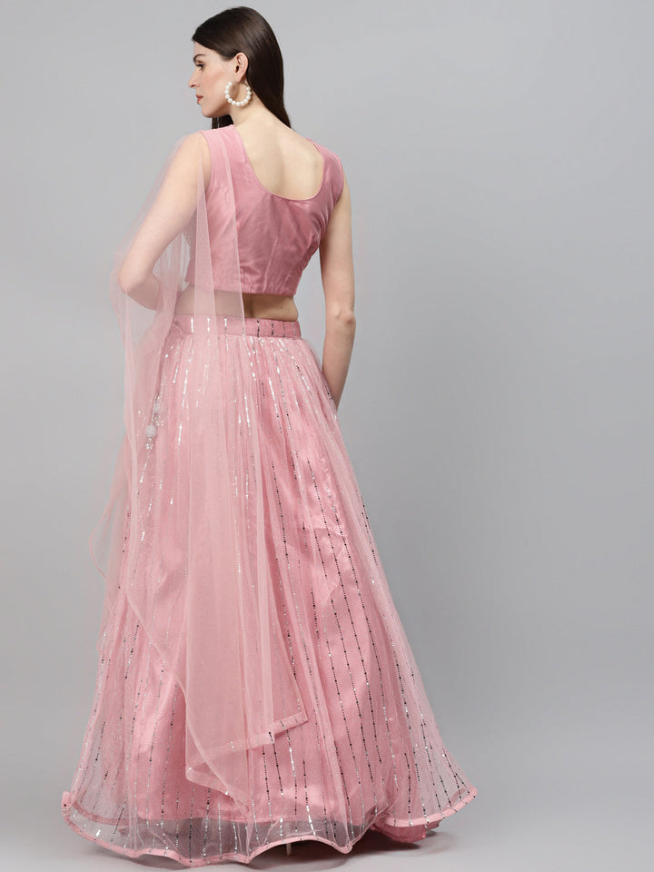 Pastel Pink Mirror Embellished Lehenga Set with Silver Cutdana Embroidery & Net Dupatta