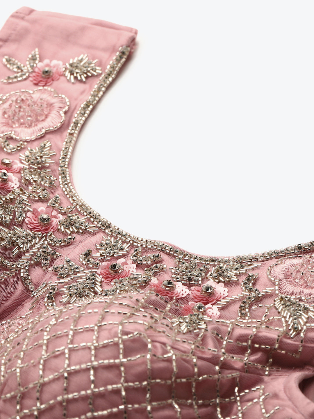 Pastel Pink Mirror Embellished Lehenga Set with Silver Cutdana Embroidery & Net Dupatta