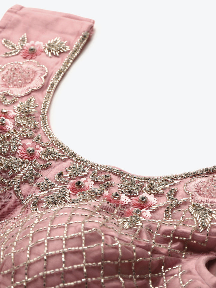 Pastel Pink Mirror Embellished Lehenga Set with Silver Cutdana Embroidery & Net Dupatta