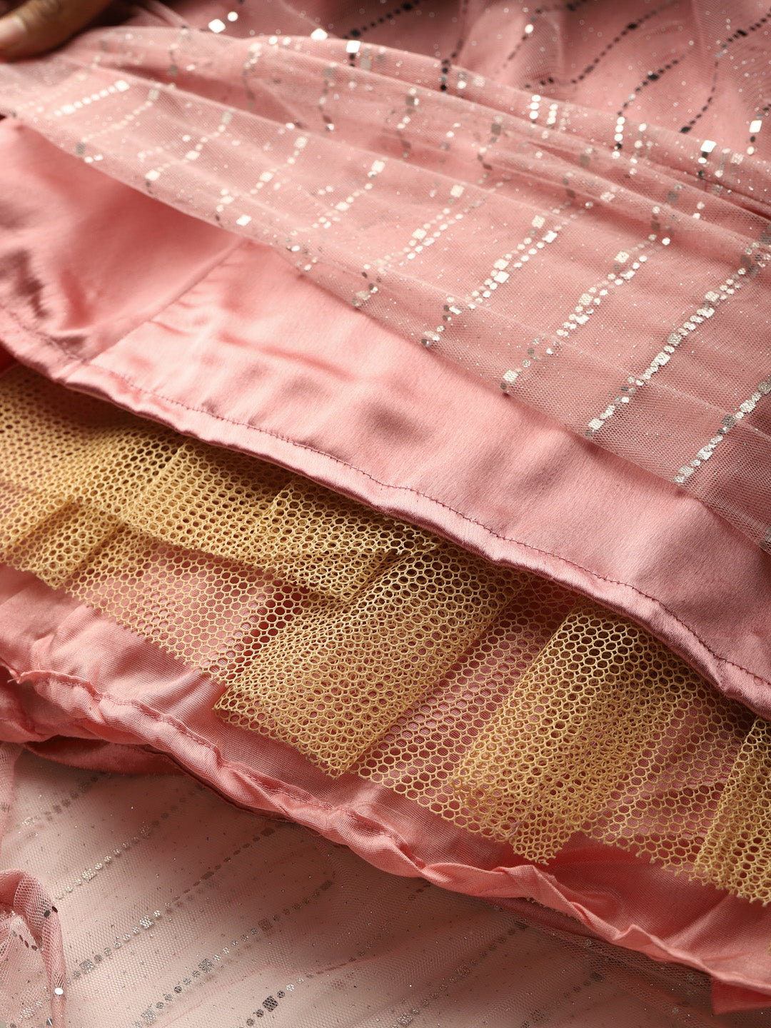 Pastel Pink Mirror Embellished Lehenga Set with Silver Cutdana Embroidery & Net Dupatta