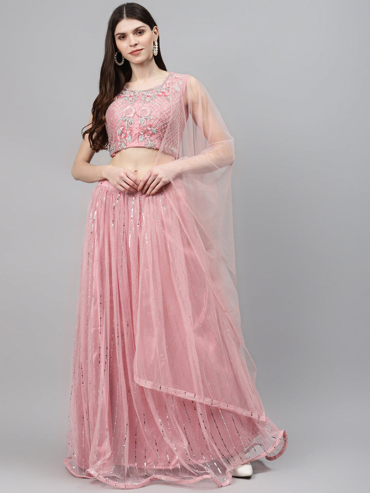 Pastel Pink Mirror Embellished Lehenga Set with Silver Cutdana Embroidery & Net Dupatta