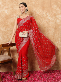 Chhabra 555 Red Georgette Bridal Saree with Intricate Resham Embroidery & Crystal Embellishments 