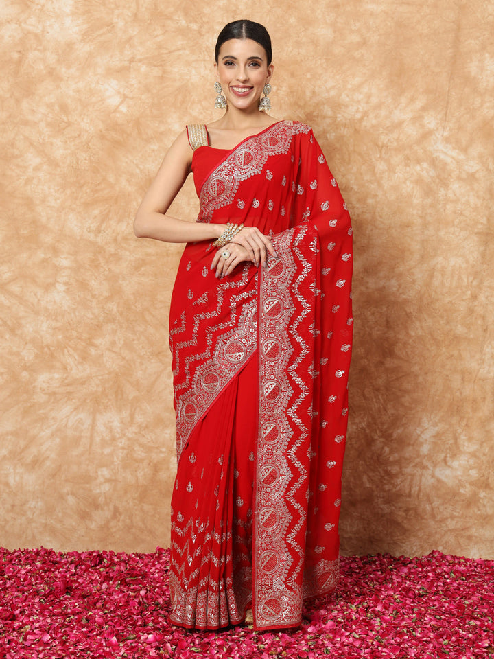 Red Georgette Bridal Saree with Crystal Embellishments