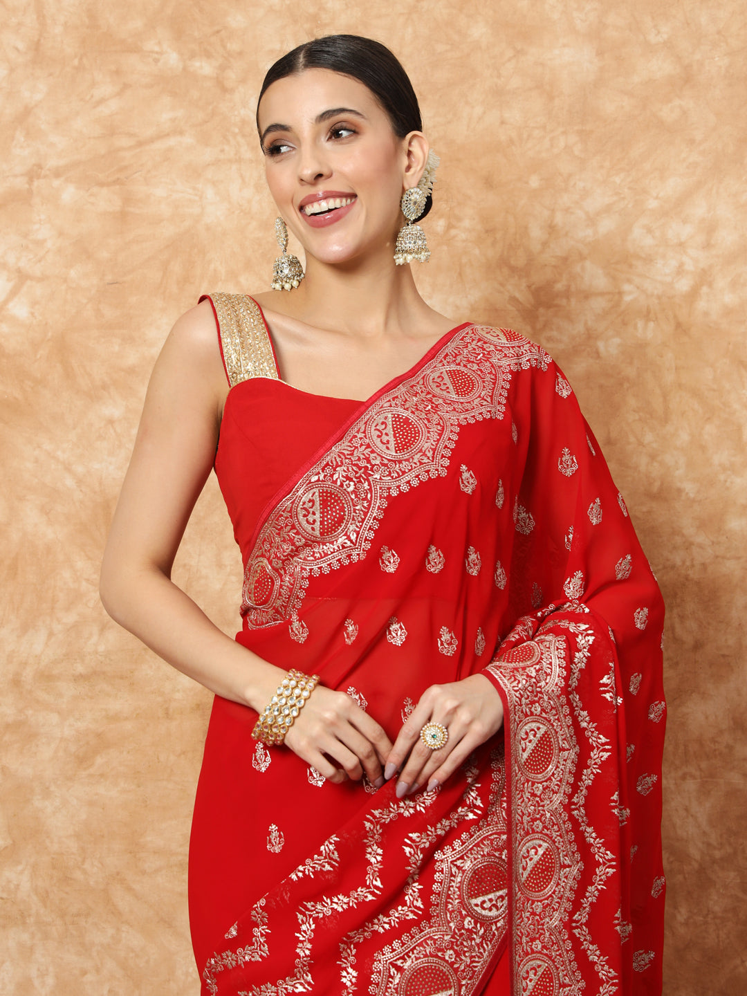 Red Georgette Bridal Saree with Crystal Embellishments