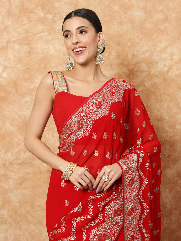 Red Georgette Bridal Saree with Crystal Embellishments