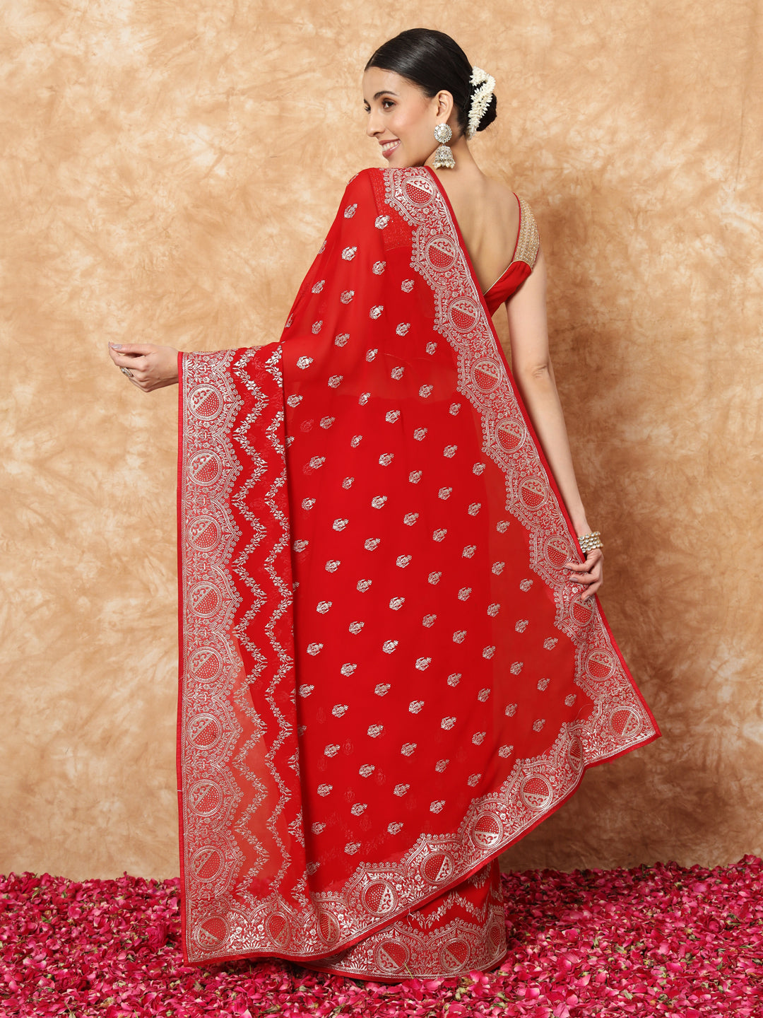 Red Georgette Bridal Saree with Crystal Embellishments
