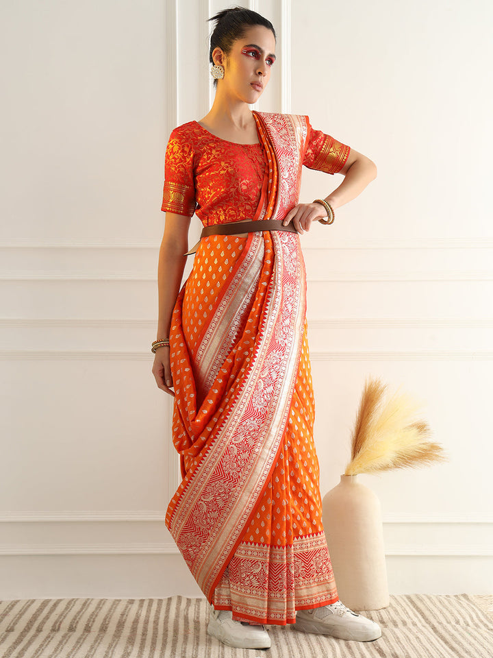 Orange Zari Woven Banarasi Saree with Contrast Peacock Motif Border