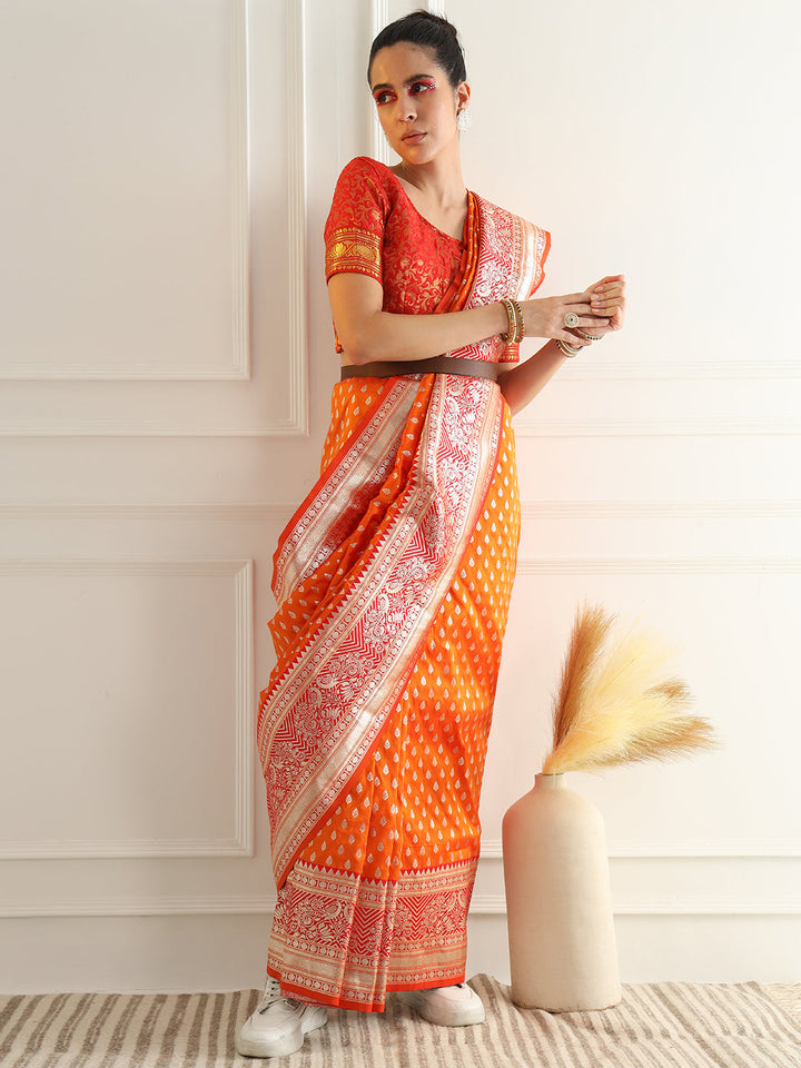 Orange Zari Woven Banarasi Saree with Contrast Peacock Motif Border