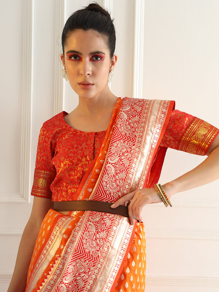 Orange Zari Woven Banarasi Saree with Contrast Peacock Motif Border