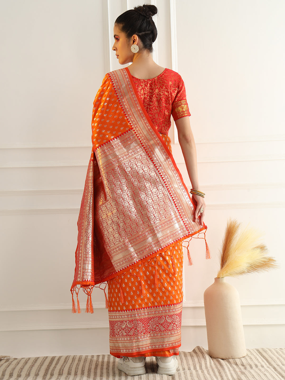 Orange Zari Woven Banarasi Saree with Contrast Peacock Motif Border