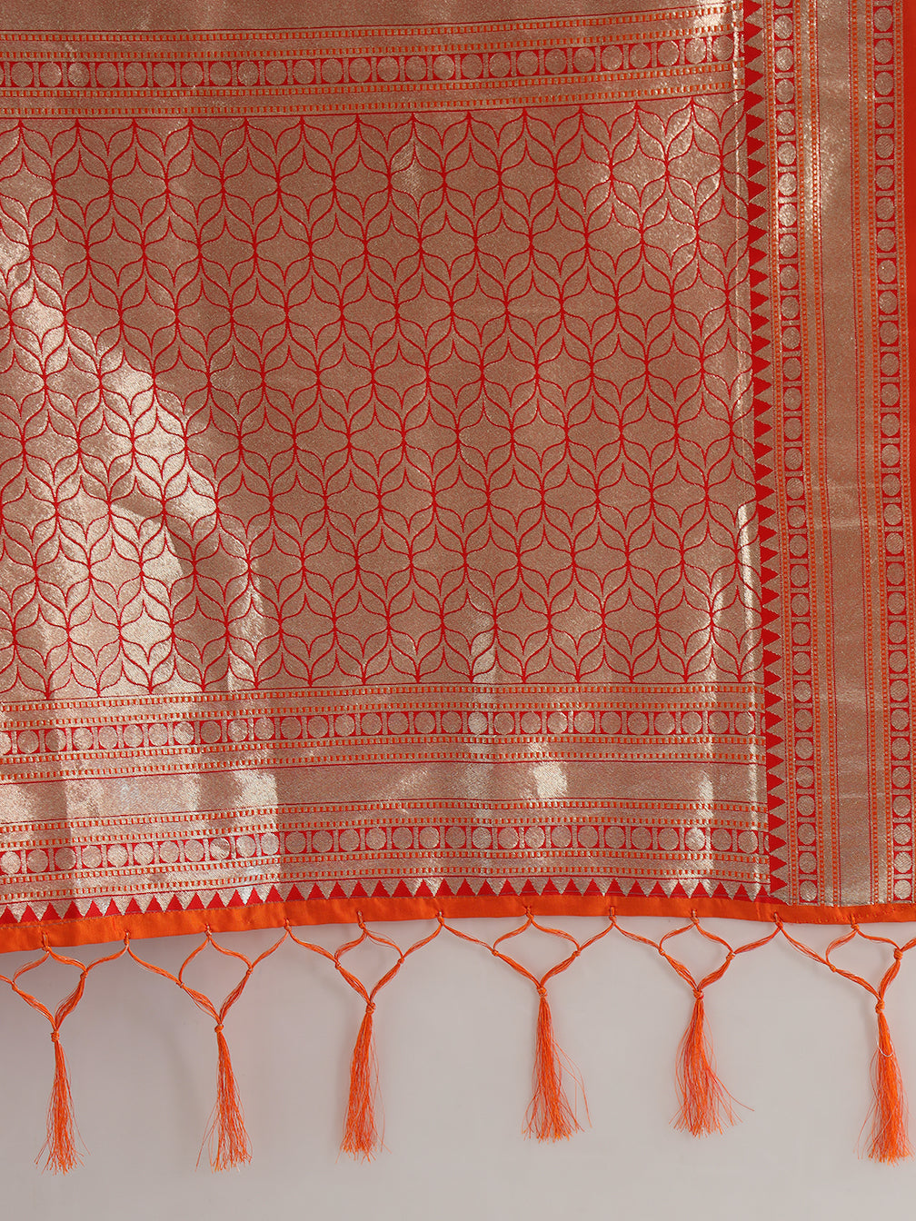 Orange Zari Woven Banarasi Saree with Contrast Peacock Motif Border