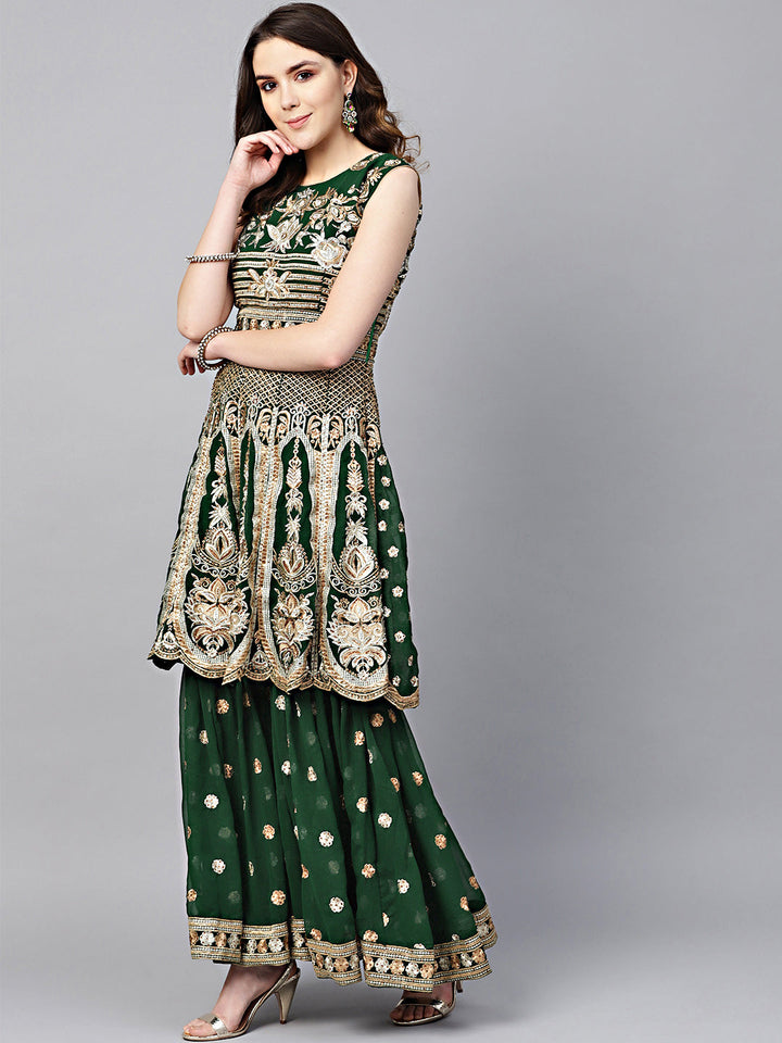 Peplum style Embellished Kurta Set with Embroidered Sharara