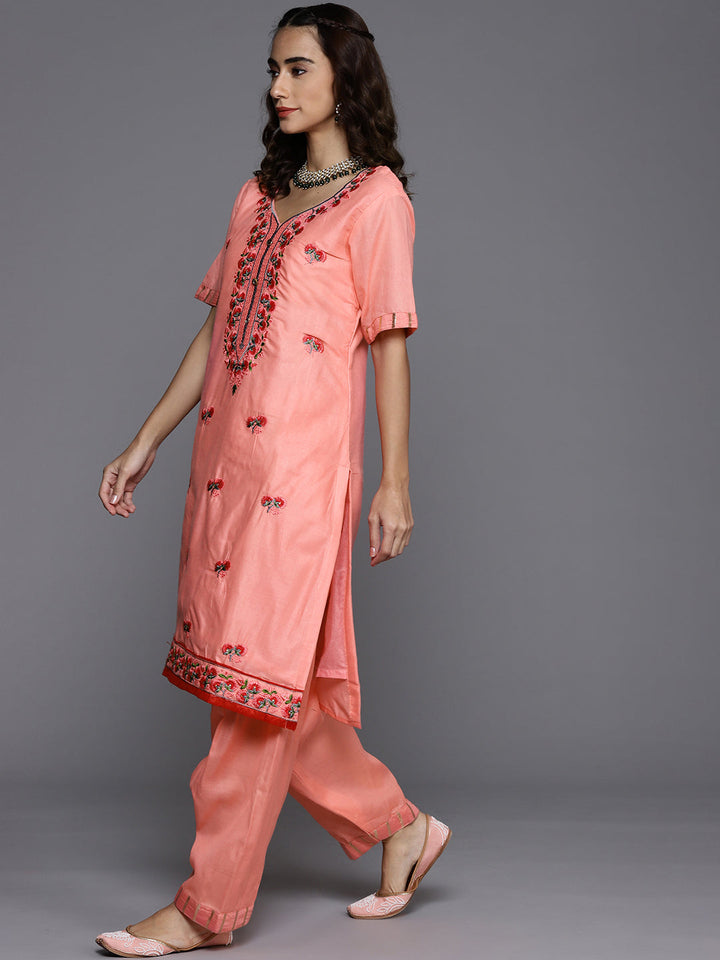 Peach Cotton Embroidery Unstitch Suit Salwar Set With Stripes Dupatta