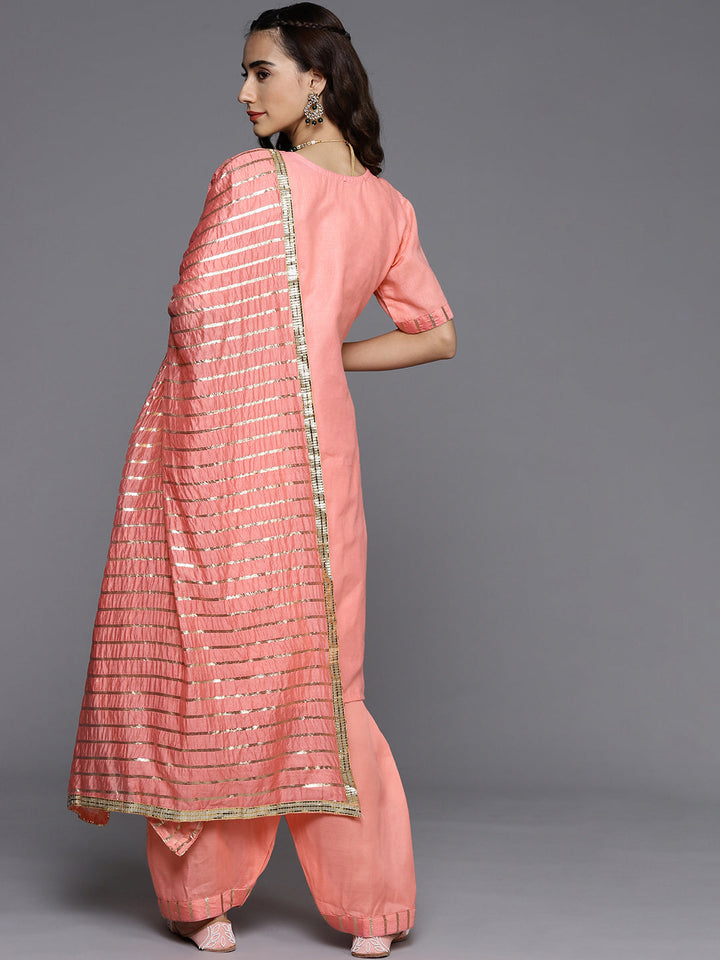 Peach Cotton Embroidery Unstitch Suit Salwar Set With Stripes Dupatta