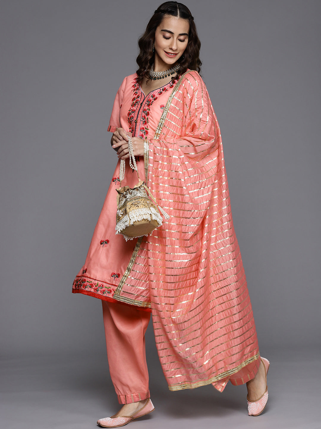 Peach Cotton Embroidery Unstitch Suit Salwar Set With Stripes Dupatta
