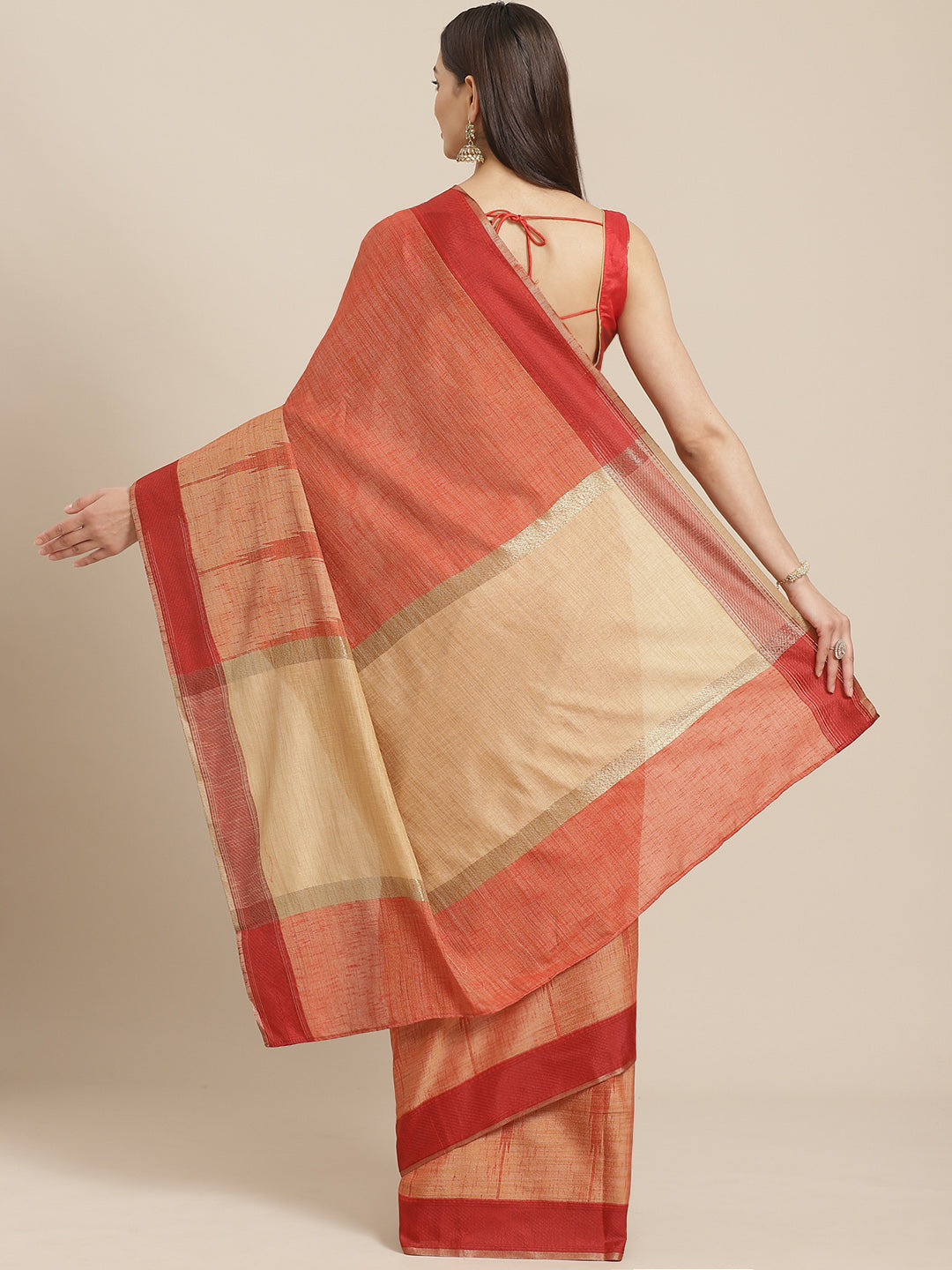 Jute Silk Resham Self embossed Saree with Kanjivaram Temple Pattern & Contrast Border