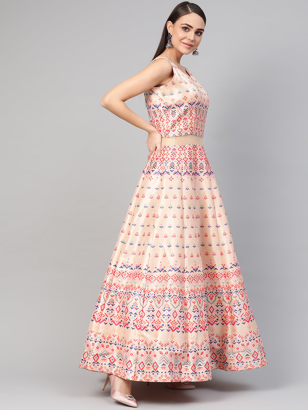 Embellished Anarkali Cocktail Gown with Ikat Inspired pattern