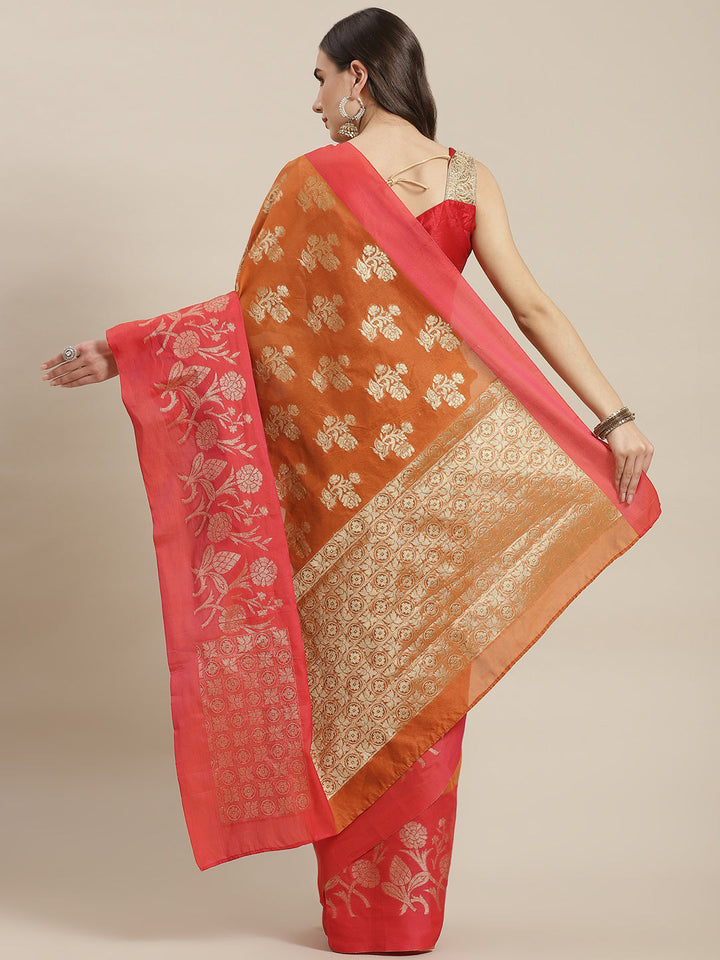 Rust Jamdani Chanderi Colorblocked Saree with Broad contrast border