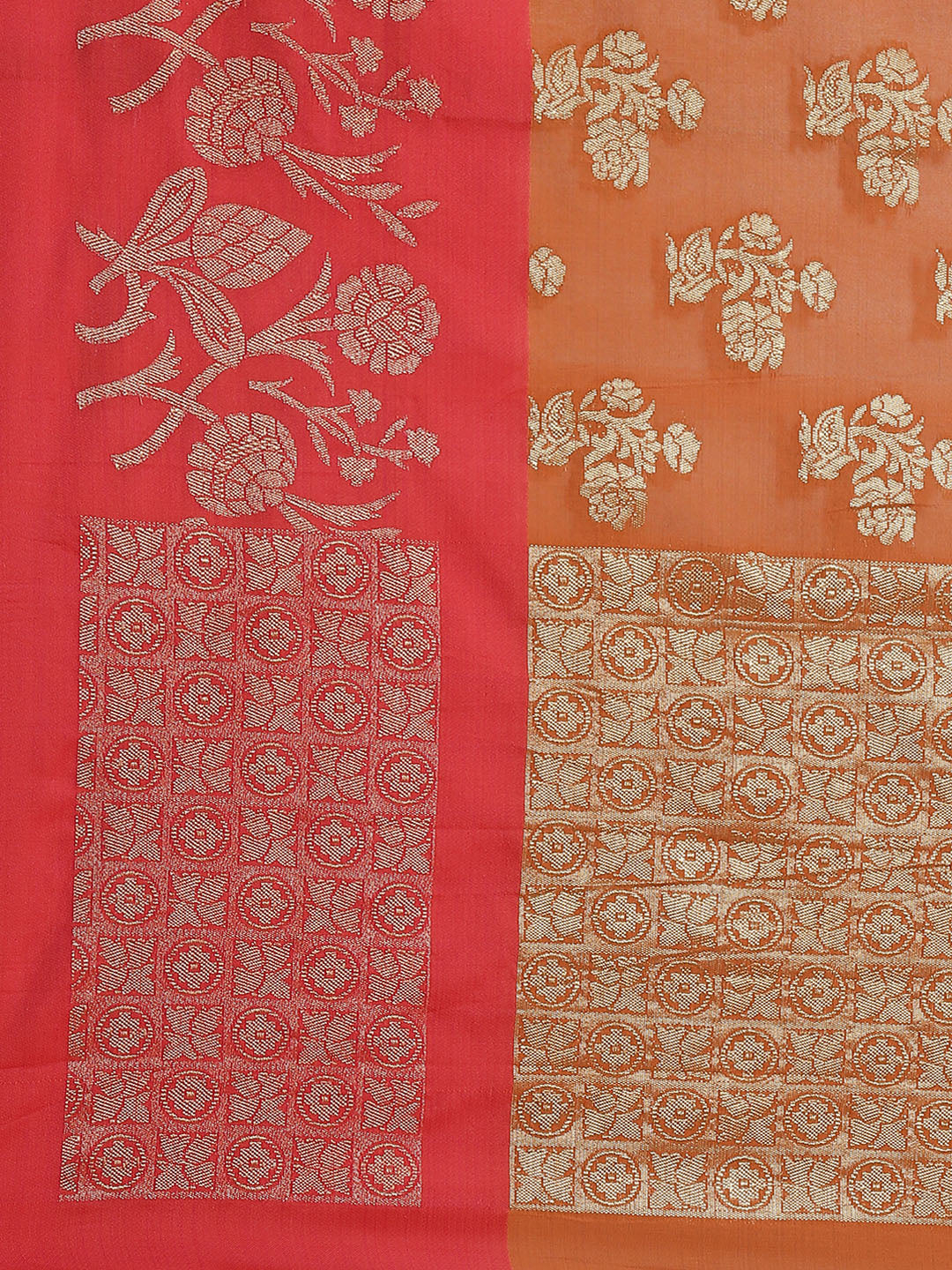 Rust Jamdani Chanderi Colorblocked Saree with Broad contrast border