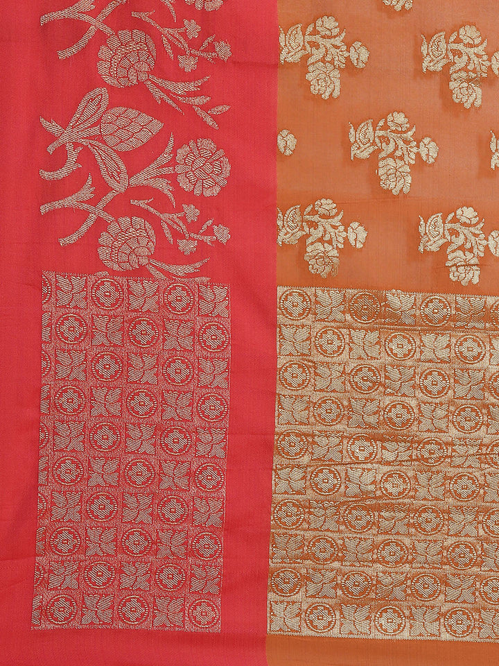 Rust Jamdani Chanderi Colorblocked Saree with Broad contrast border
