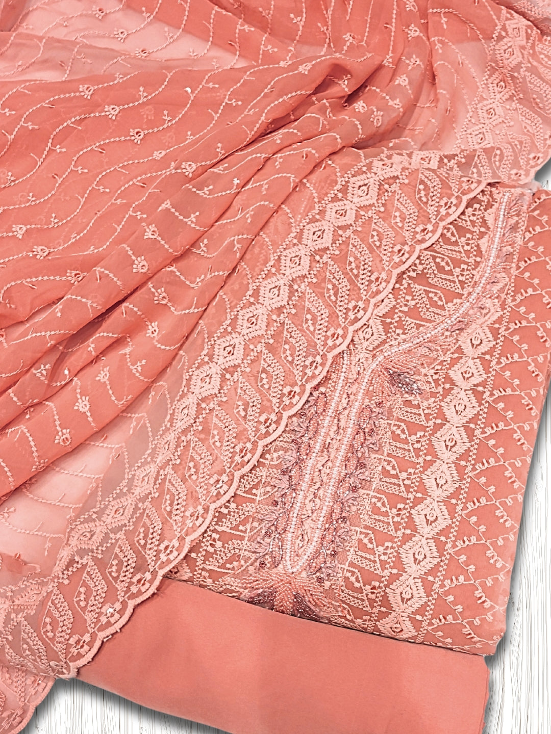 Chikankari Schiffli Dress Material with Mirror, Cut-Dana Embroidery & Scalloped Lace