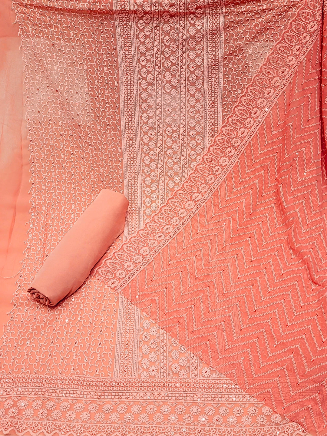 Chikankari Schiffli Dress Material with Mirror, Cut-Dana Embroidery & Scalloped Lace