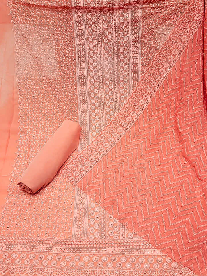 Chikankari Schiffli Dress Material with Mirror, Cut-Dana Embroidery & Scalloped Lace