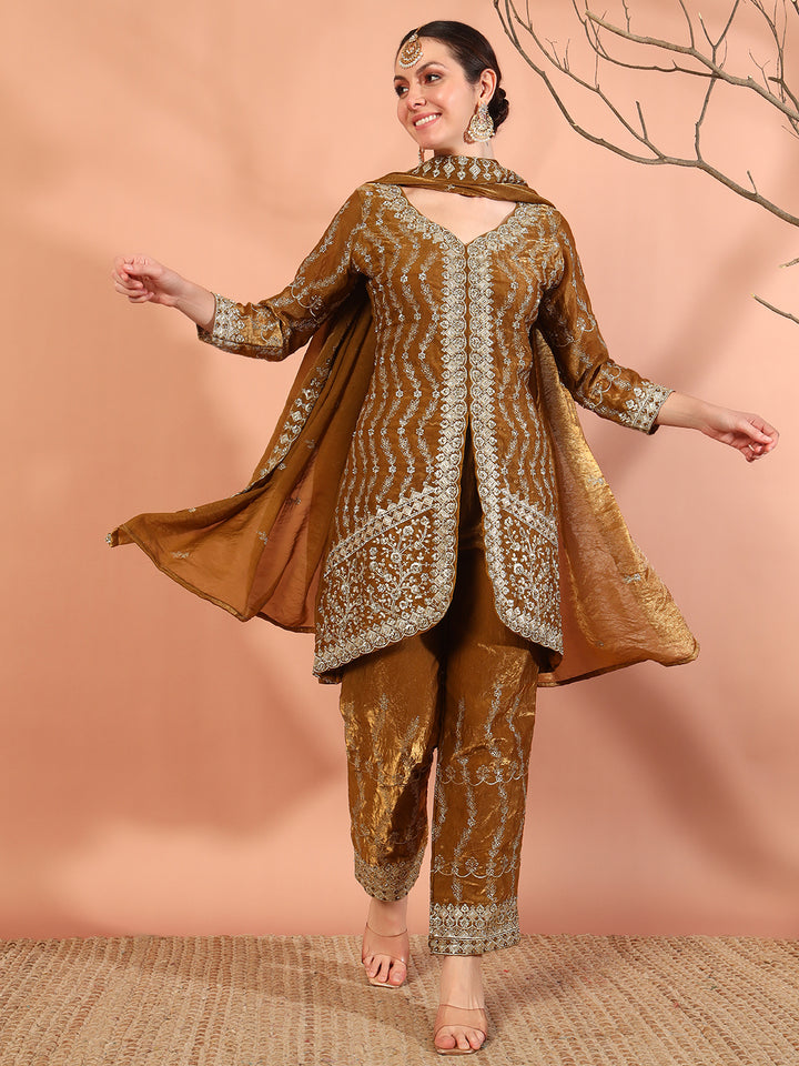 Chhabra 555 Mustard Zari Beads & Sequin Embellished Jacket Kurta Pant Set with Embroidery Dupatta