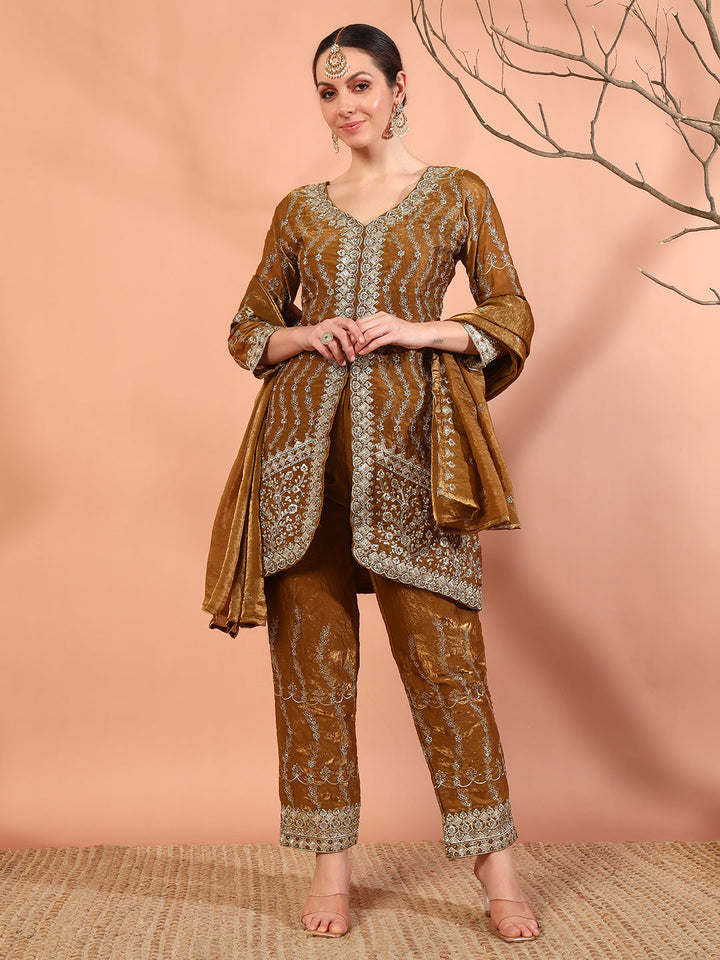 Mustard Zari Beads & Sequin Embellished Jacket Kurta Pant Set with Embroidery Dupatta