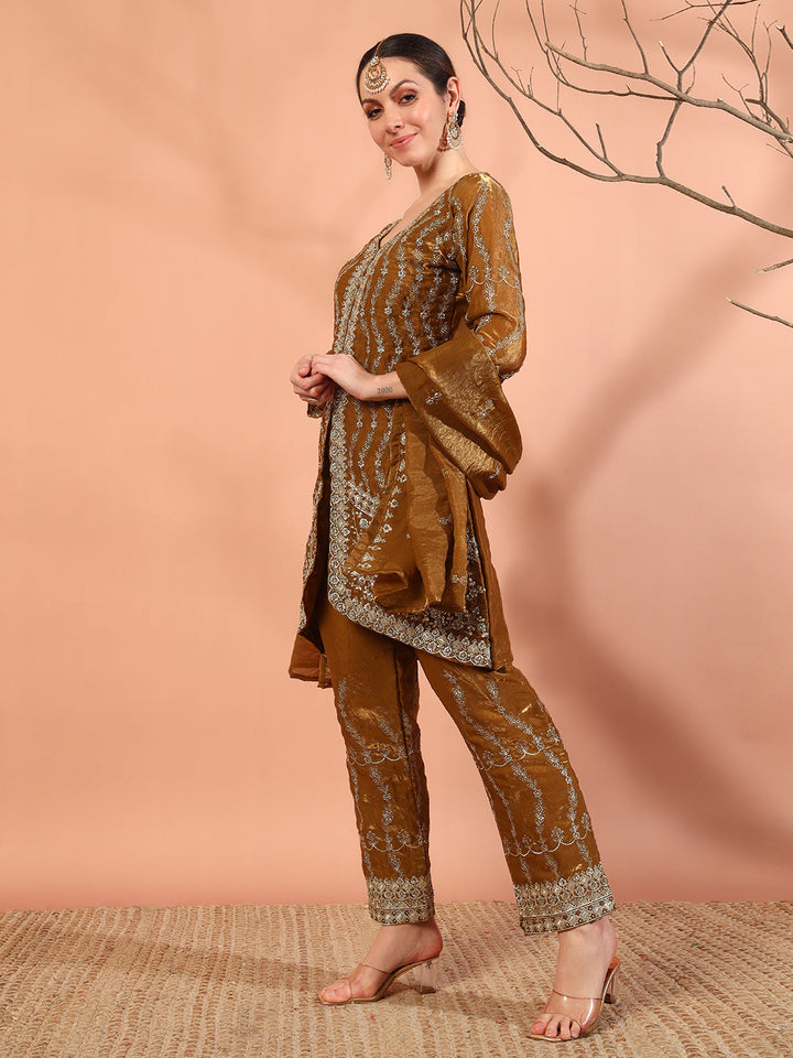 Mustard Zari Beads & Sequin Embellished Jacket Kurta Pant Set with Embroidery Dupatta