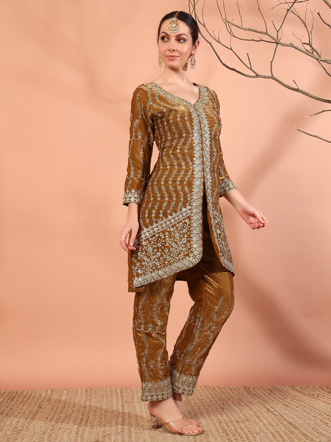 Mustard Zari Beads & Sequin Embellished Jacket Kurta Pant Set with Embroidery Dupatta