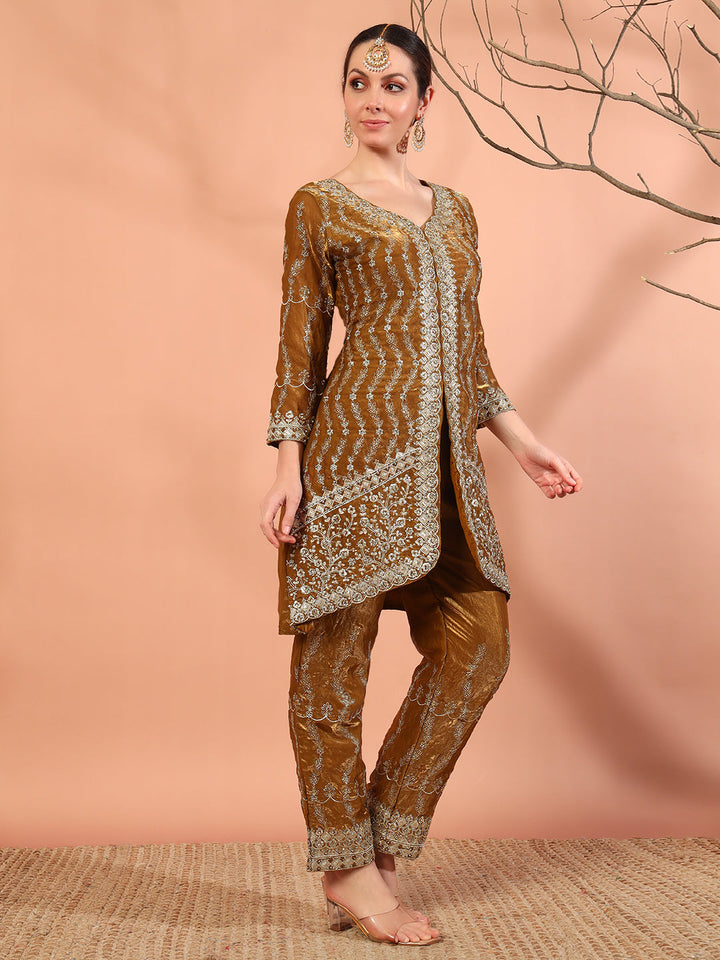 Mustard Zari Beads & Sequin Embellished Jacket Kurta Pant Set with Embroidery Dupatta