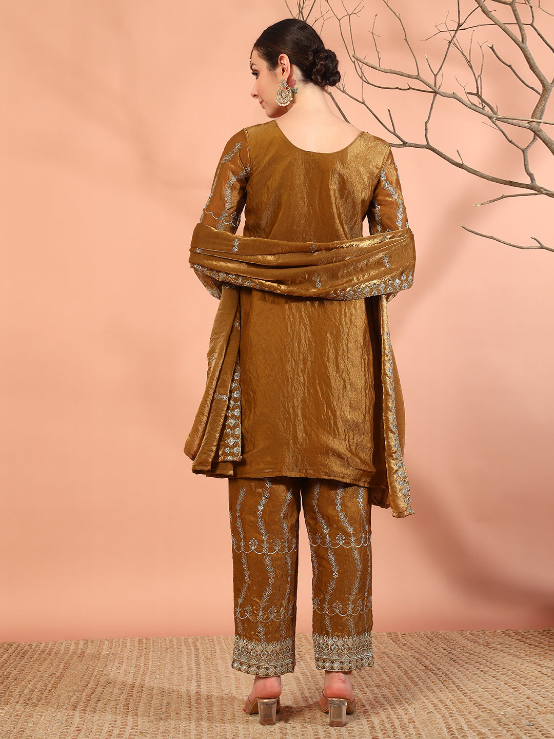 Mustard Zari Beads & Sequin Embellished Jacket Kurta Pant Set with Embroidery Dupatta