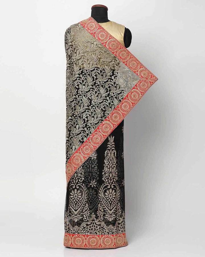 Georgette Embellished Bling Saree with Comtempary Foiliing and Red contrast Border