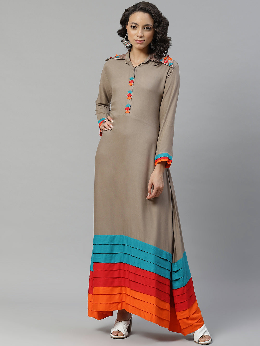 Long Anarkali Rayon Kurti with Multicolors Pleats & Layering, Fringes