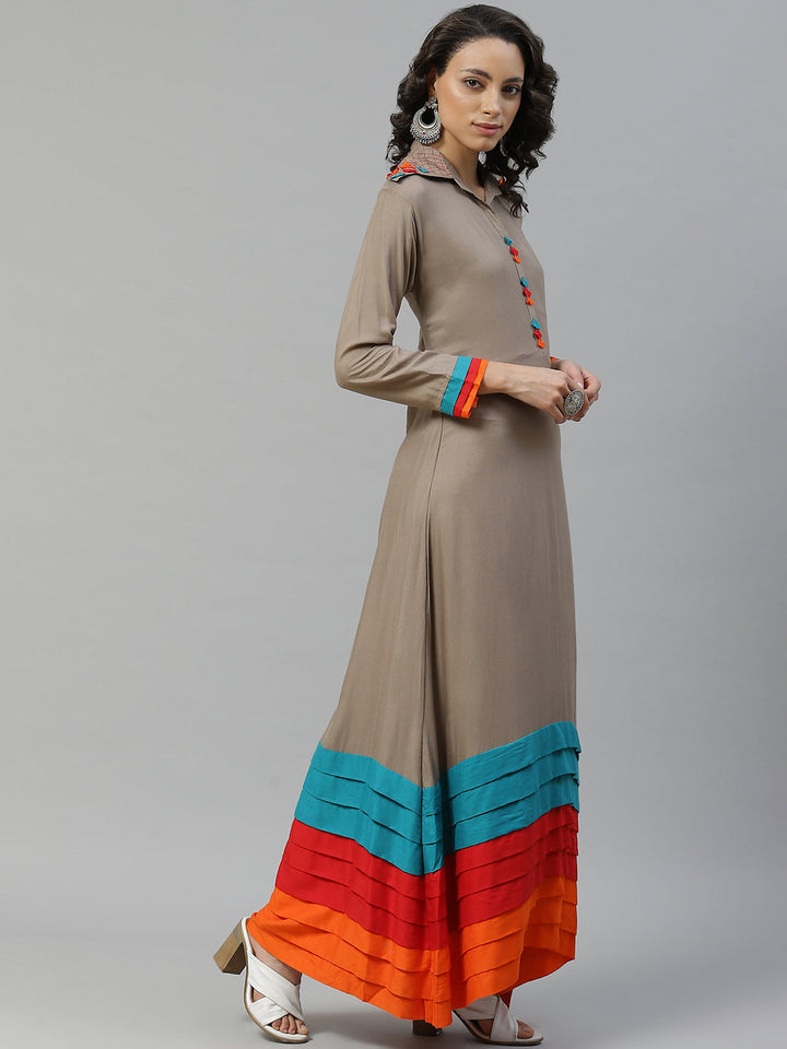 Long Anarkali Rayon Kurti with Multicolors Pleats & Layering, Fringes