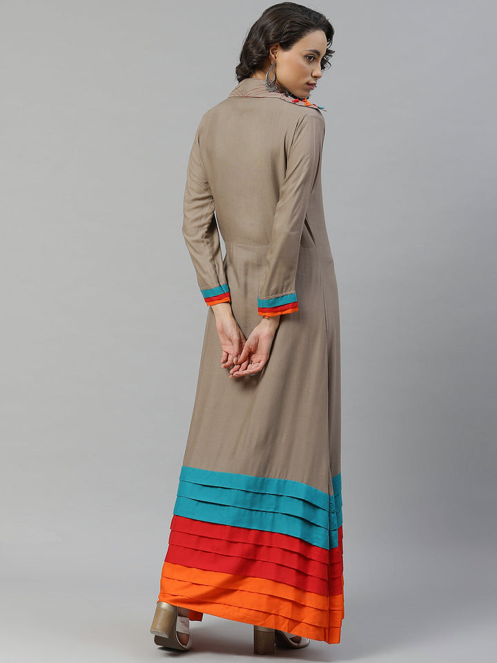 Long Anarkali Rayon Kurti with Multicolors Pleats & Layering, Fringes