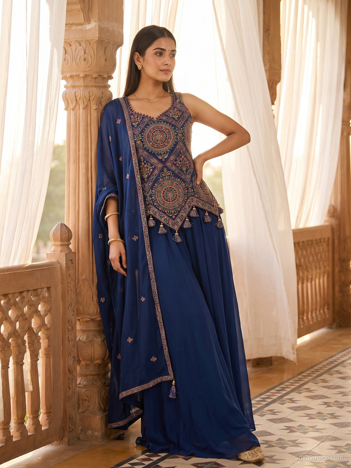 Mandala Embroidered Sleeveless Top with Palazzo Set in Navy Blue