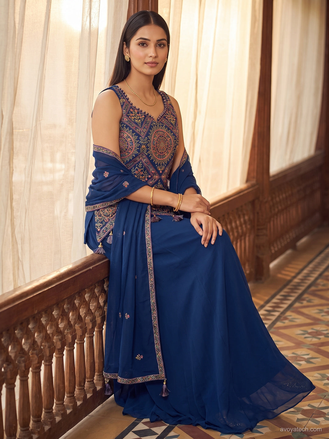 Mandala Embroidered Sleeveless Top with Palazzo Set in Navy Blue