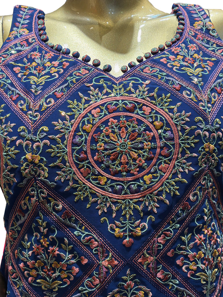 Mandala Embroidered Sleeveless Top with Palazzo Set in Navy Blue
