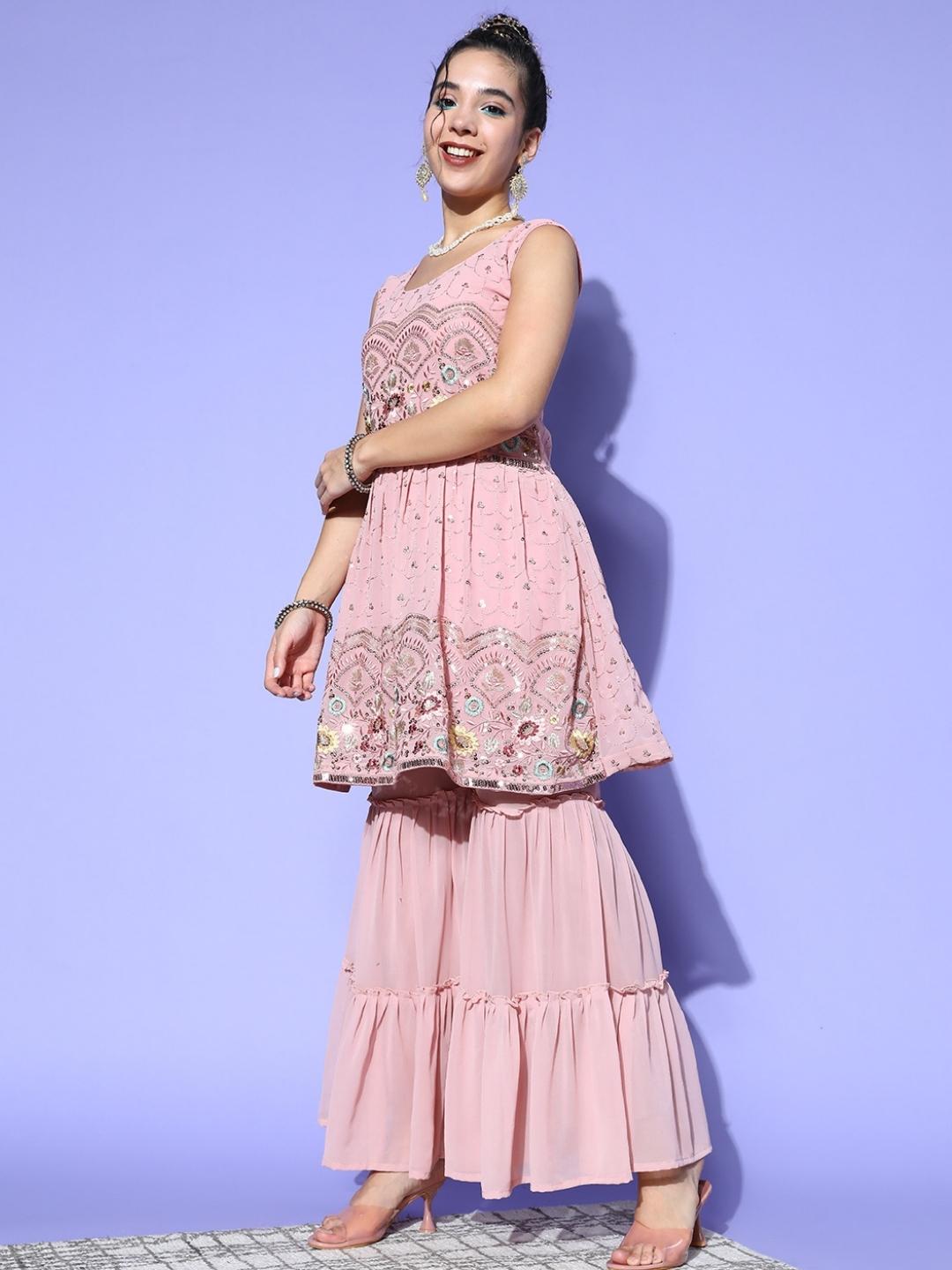 Hyper Texture Peplum Kurta Sharara Set & Embellished Net Dupatta