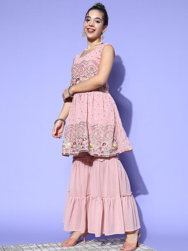 Hyper Texture Peplum Kurta Sharara Set & Embellished Net Dupatta