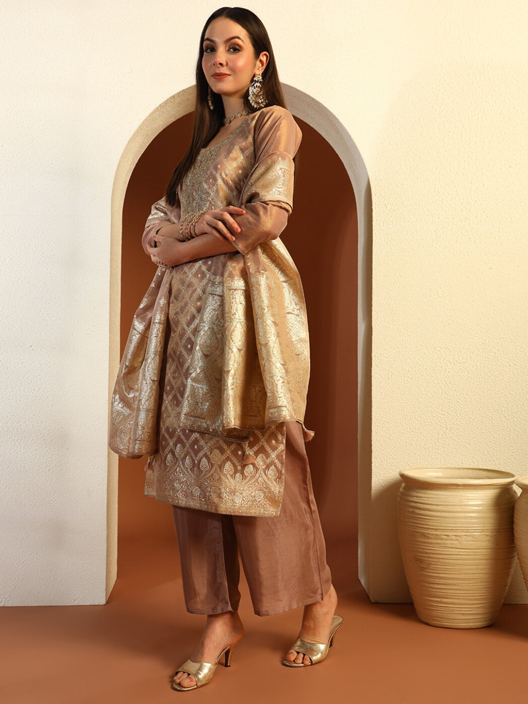 Organza Sequinned Straight Suit with Zardozi Embroidery & Tasseled Chanderi Dupatta