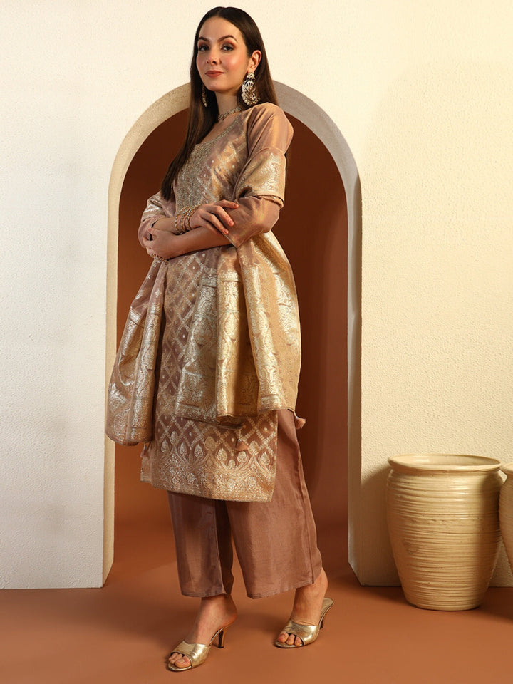 Organza Sequinned Straight Suit with Zardozi Embroidery & Tasseled Chanderi Dupatta
